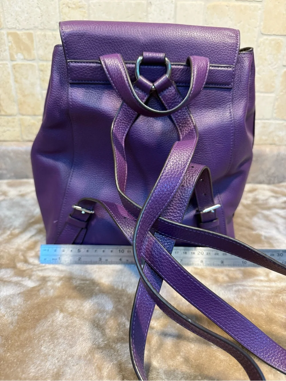 Coach Purple Pebbled Leather Drawstring Backpack with Front Zip Pocket